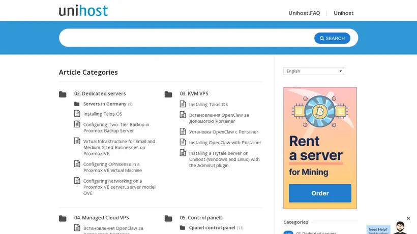 UniHost homepage screenshot