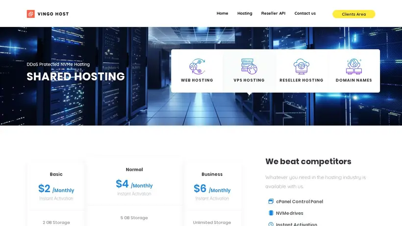 Vingo Hosting homepage screenshot