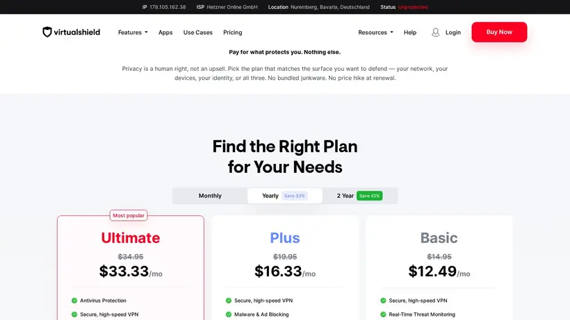 Virtual Shield homepage screenshot