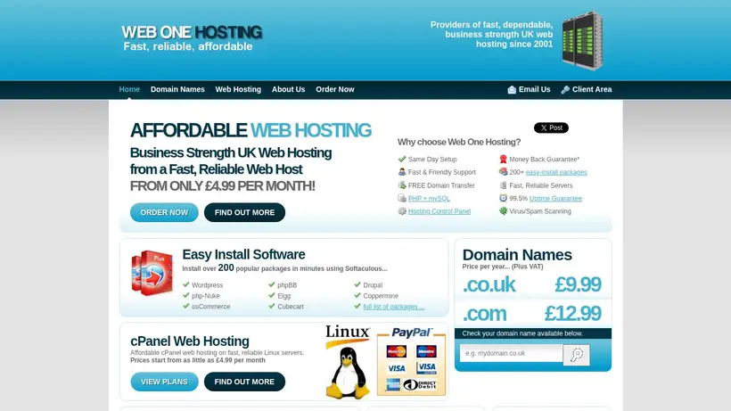 Web One Hosting homepage screenshot