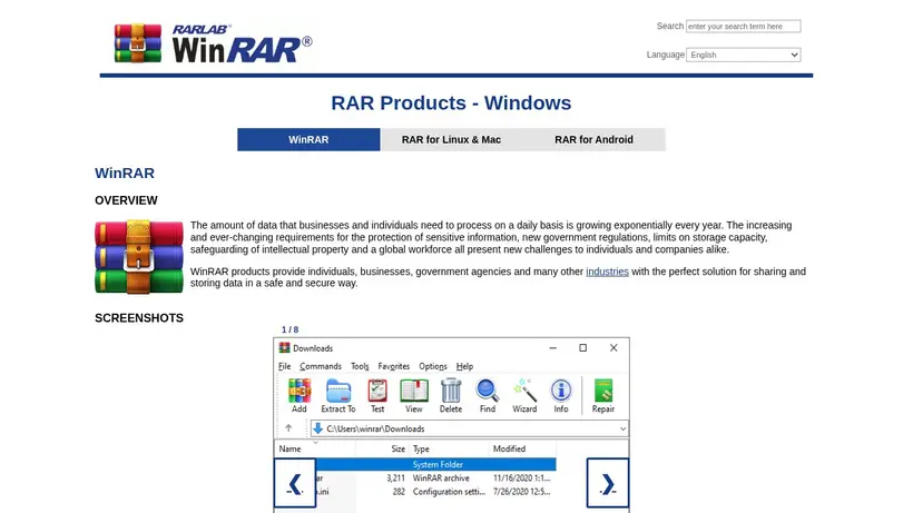 Winrar homepage screenshot