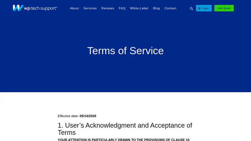 WP Tech Support homepage screenshot