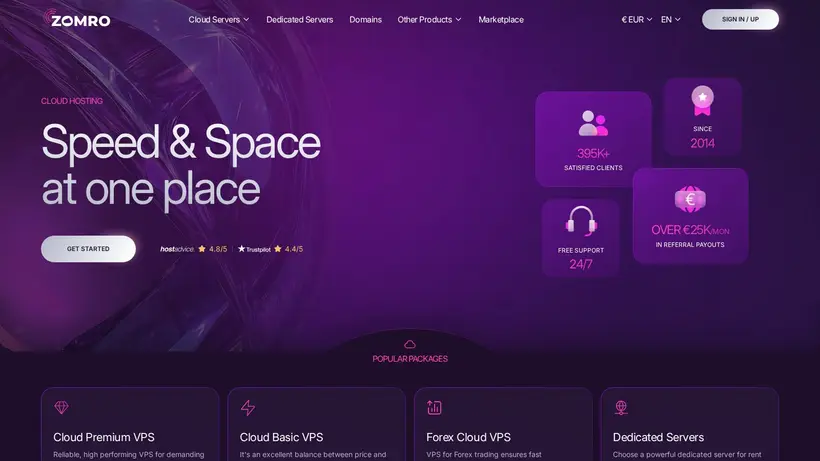 Zomro homepage screenshot