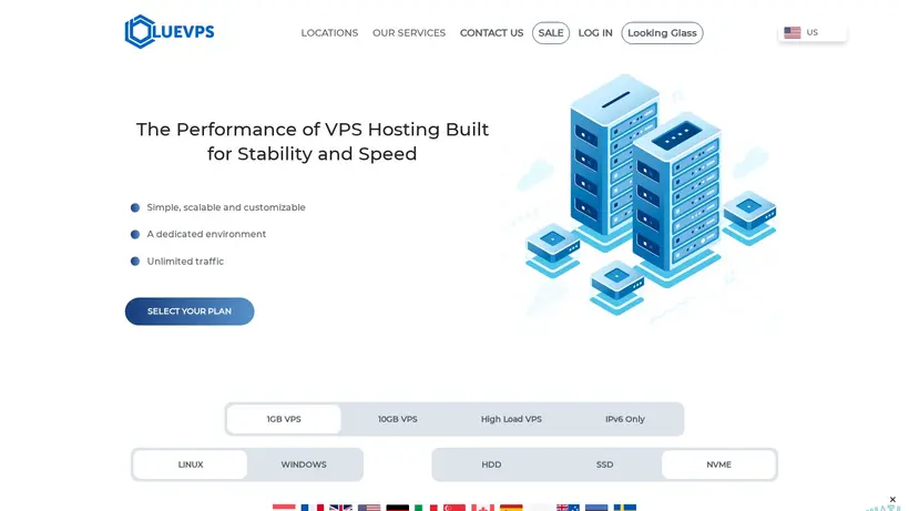 Blue VPS homepage screenshot