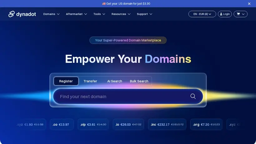 DynaDot homepage screenshot
