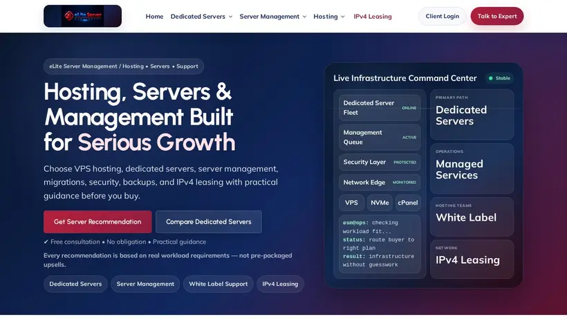 Elite Server Management homepage screenshot