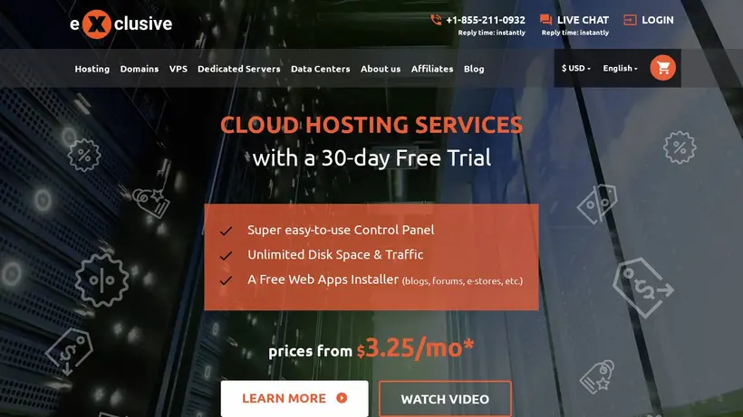 Exclusive Hosting homepage screenshot