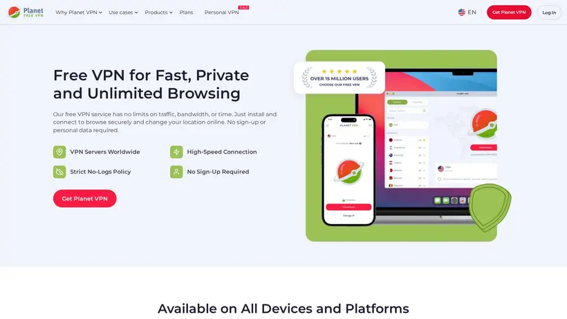 Free planet VPN homepage screenshot