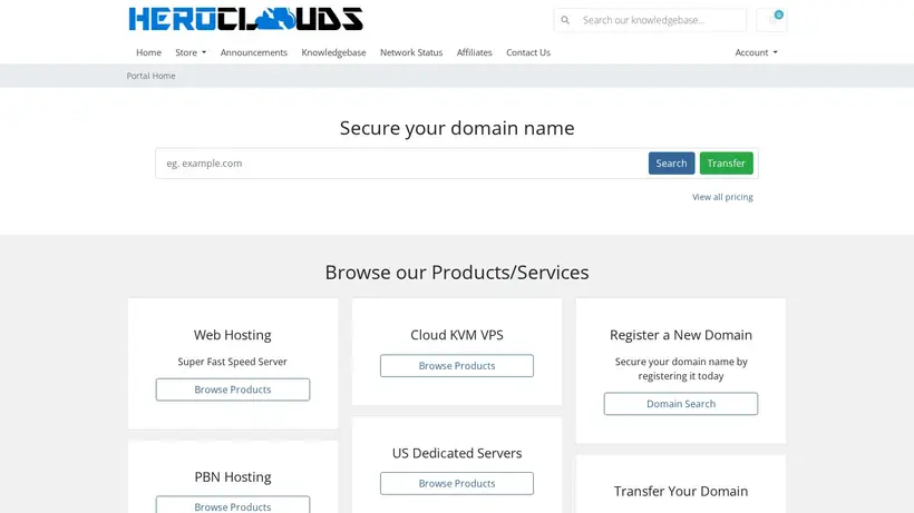 Hero Clouds homepage screenshot