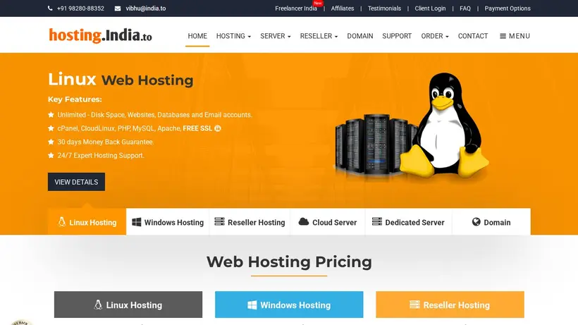 Hosting India homepage screenshot