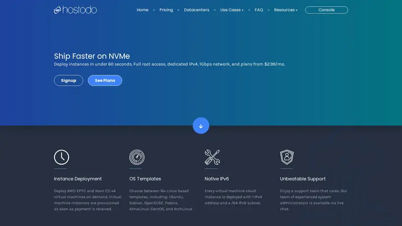 Hostodo homepage screenshot