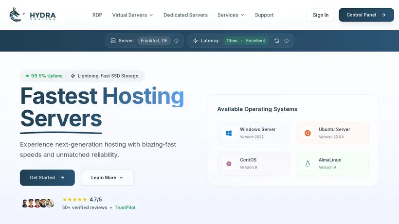 Hydra Hosting homepage screenshot