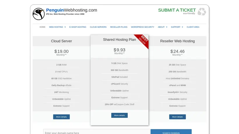 Penguin Web Hosting homepage screenshot