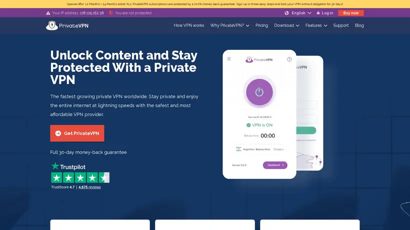 PrivateVPN homepage screenshot
