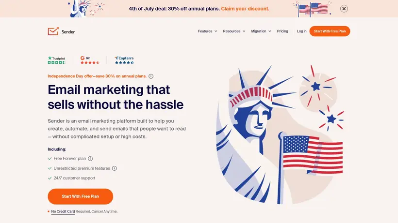 Sender homepage screenshot