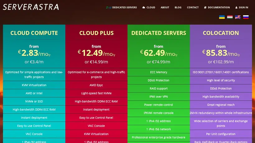 Server Astra homepage screenshot