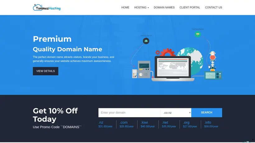 Tommoz Hosting homepage screenshot