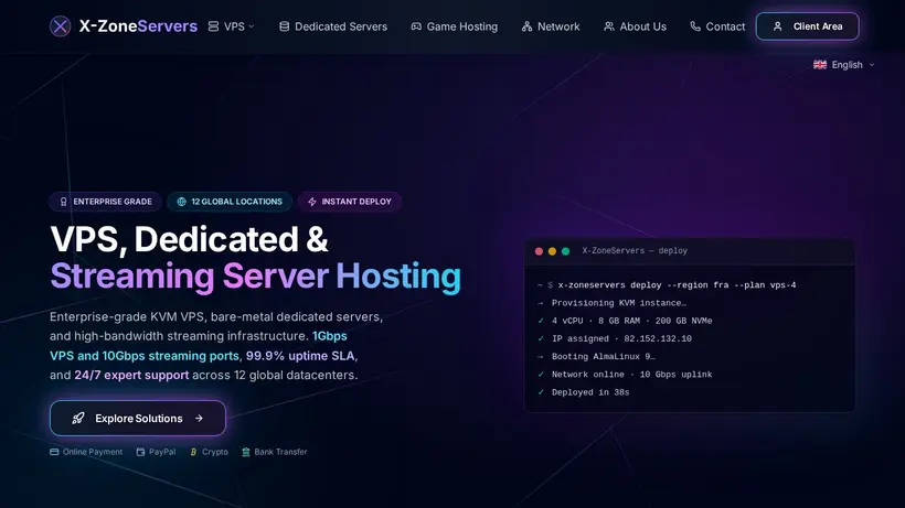 X Zone Servers homepage screenshot