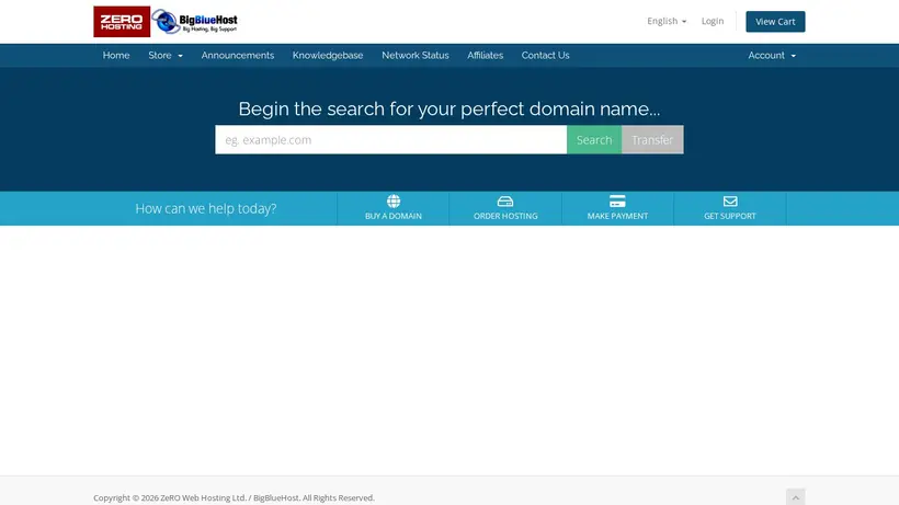 Zero Hosting homepage screenshot
