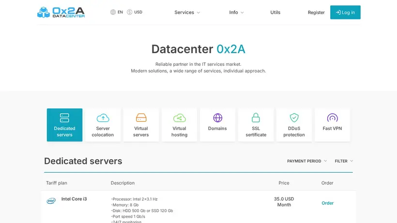 0x2a Data Center homepage screenshot
