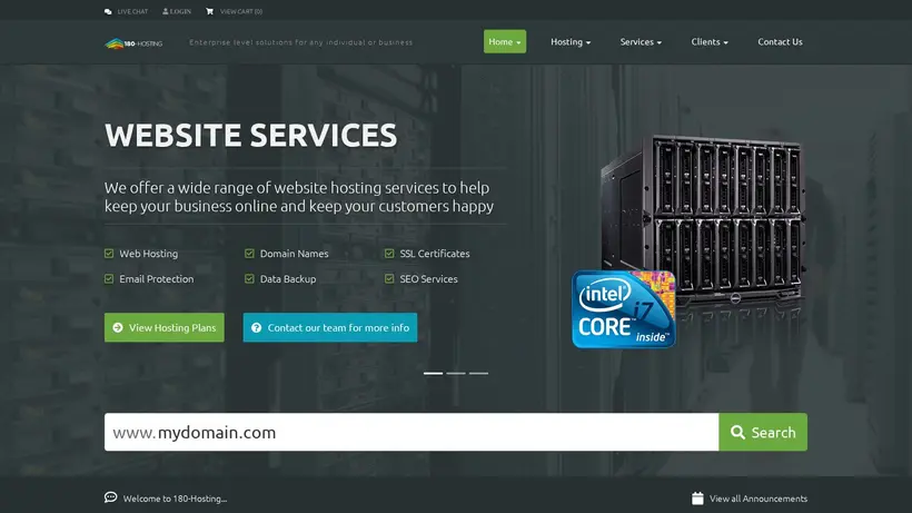 180 Hosting homepage screenshot