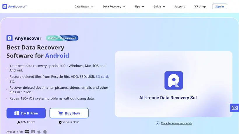 Any Recover homepage screenshot