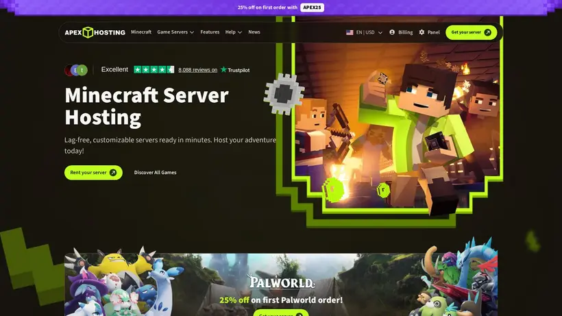 Apex Minecraft Hosting homepage screenshot