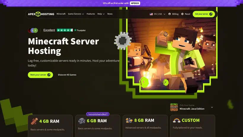 Apex Minecraft Hosting homepage screenshot