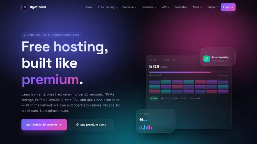 Byet.host homepage screenshot