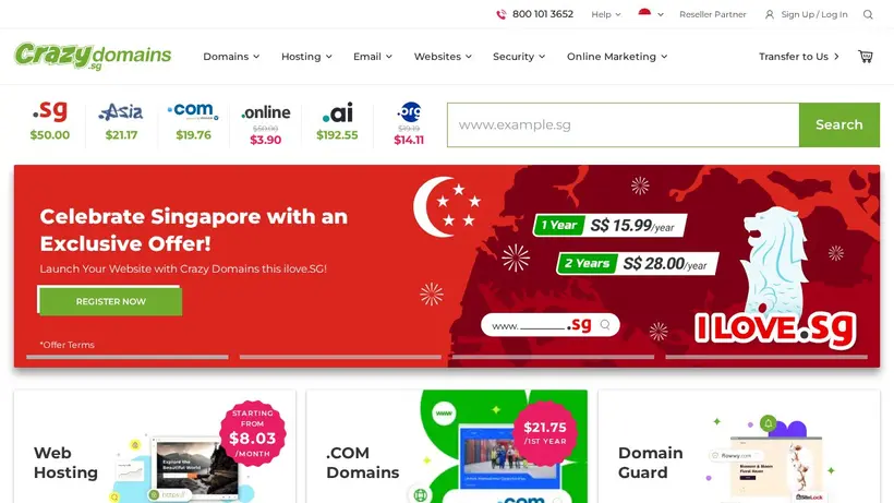 Crazy Domains Singapore homepage screenshot