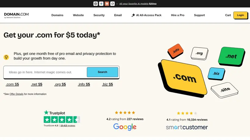 Domain.com homepage screenshot