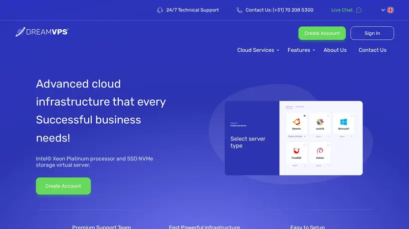 DreamVPS homepage screenshot