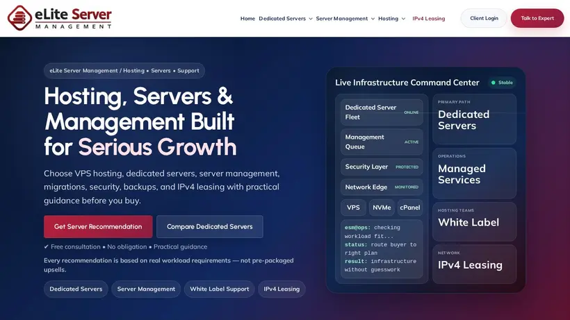 Elite Server Management homepage screenshot