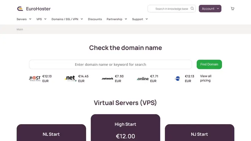 Euro Hoster homepage screenshot