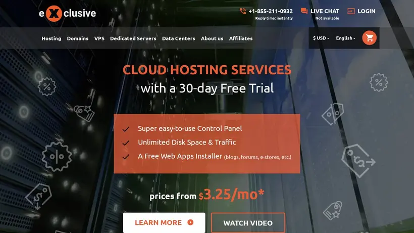 Exclusive Hosting homepage screenshot