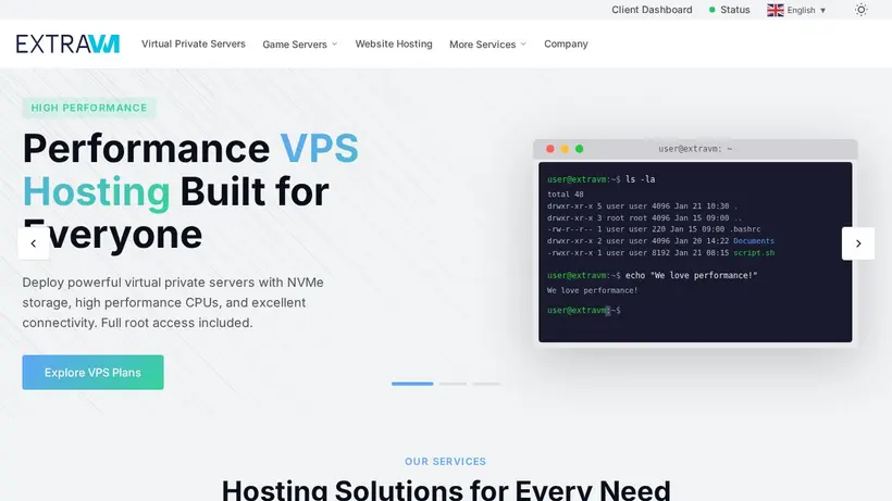 Extra VM homepage screenshot