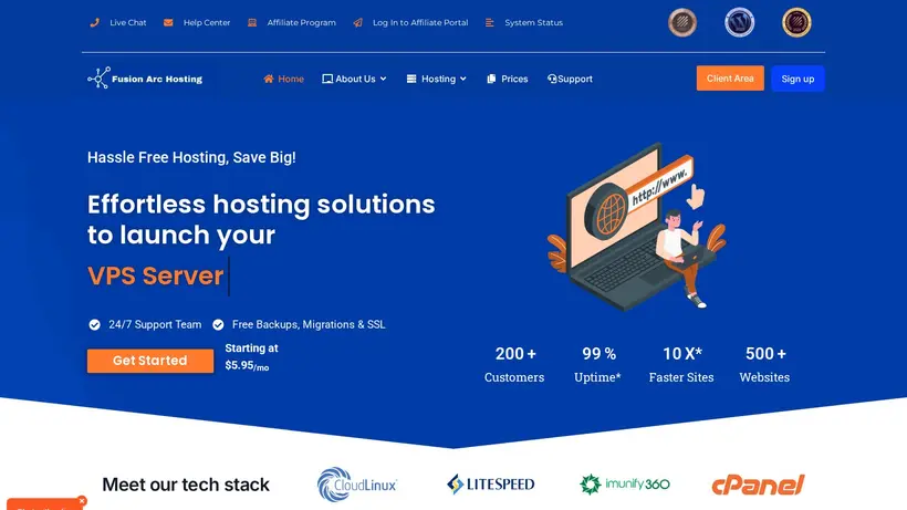 Fusion Arc Hosting homepage screenshot