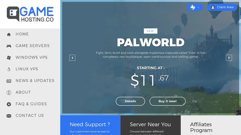 Game Hosting homepage screenshot