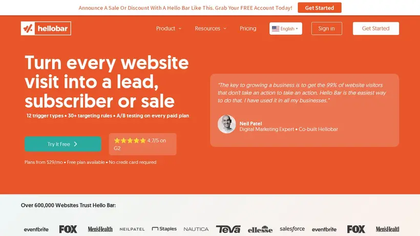 Hello Bar homepage screenshot