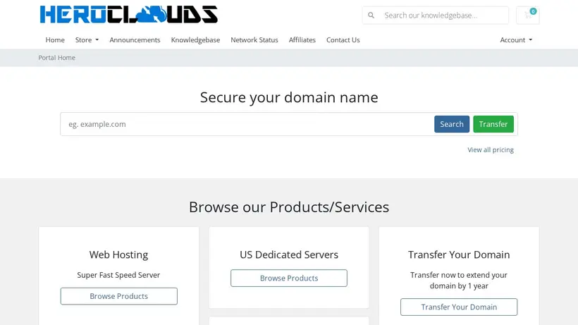 Hero Clouds homepage screenshot
