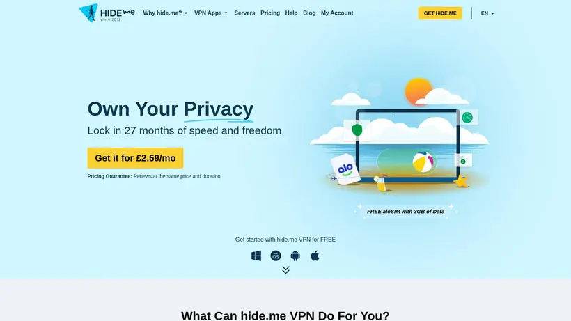 Hide.me homepage screenshot