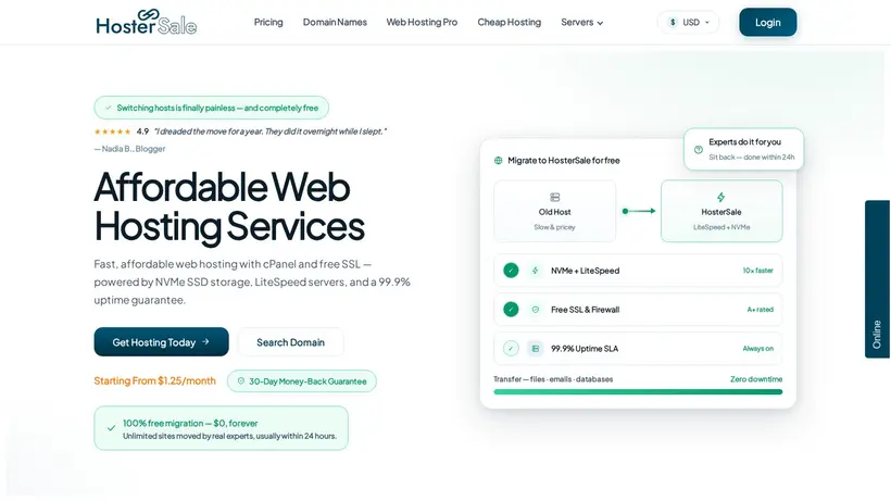 Hoster Sale homepage screenshot