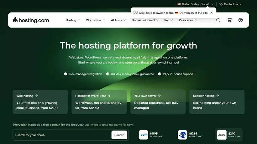 Hosting.com homepage screenshot