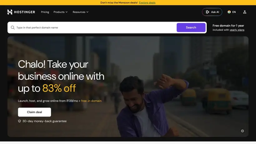 Hostinger.in homepage screenshot