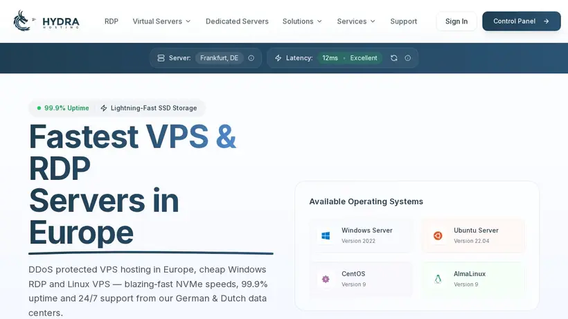 Hydra Hosting homepage screenshot
