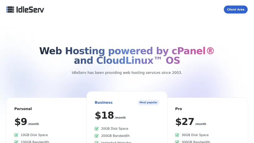 Idle Serv Web Hosting homepage screenshot