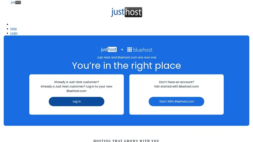 JustHost homepage screenshot