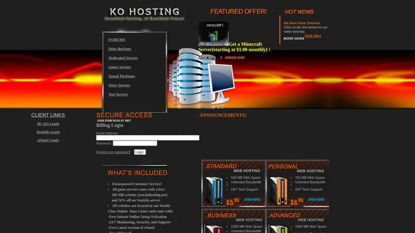 KO Hosting homepage screenshot