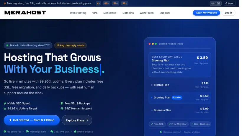 Mera Host homepage screenshot