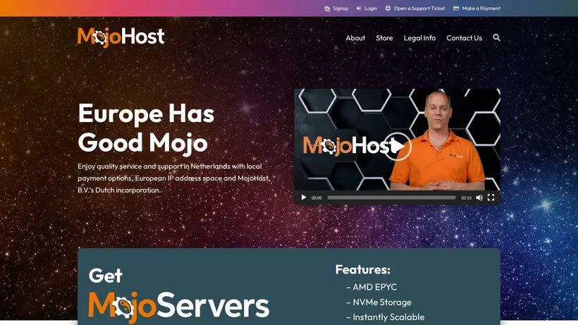 Mojo Host EU homepage screenshot